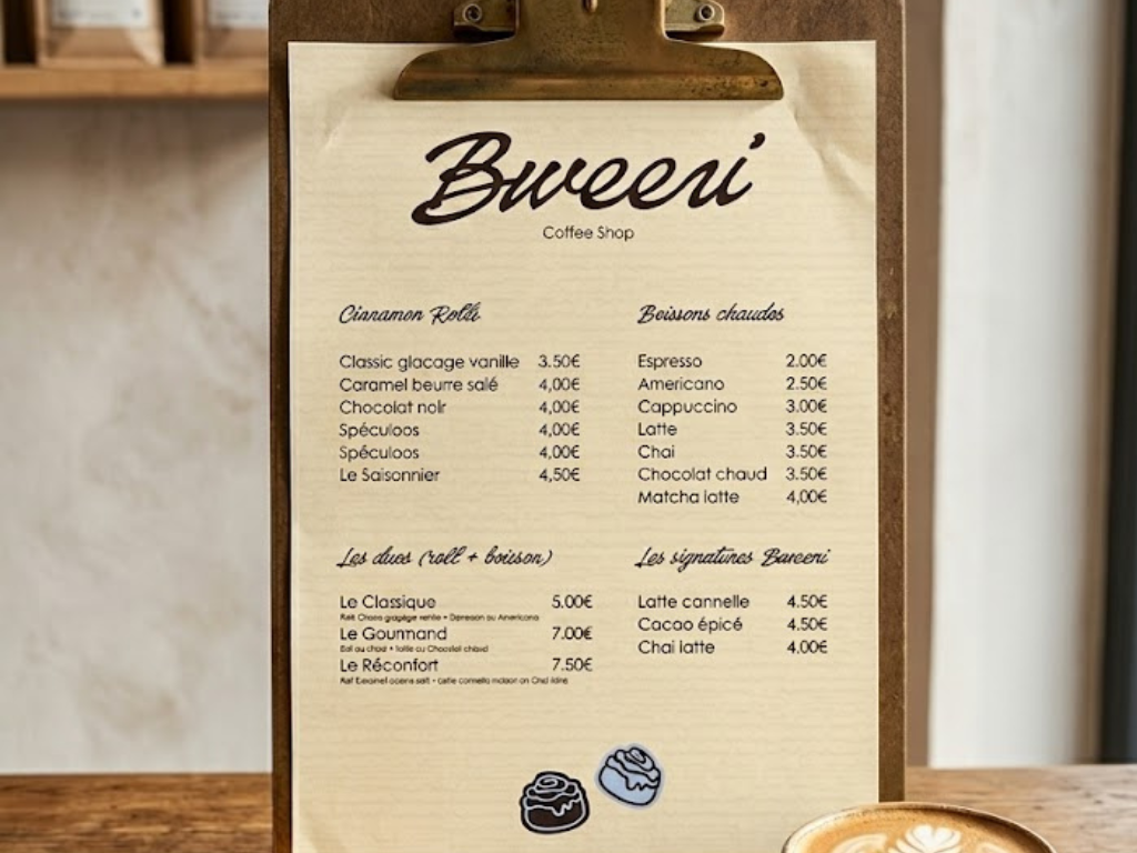 Création carte menu Bweeni Coffee Shop - support print coffee shop graphiste Normandie