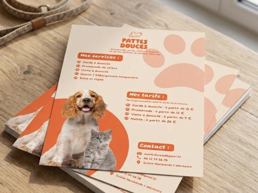 Création flyer Pattes Douces garde d'animaux — support print graphiste Suisse Normande